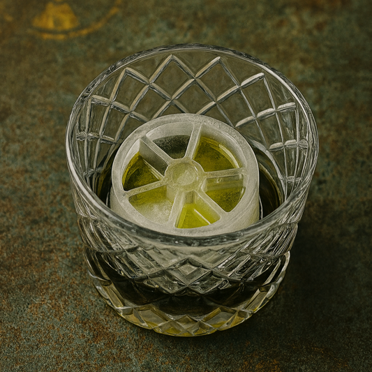 Clear glass with a ice shaped like radioactive symbol on a textured surface