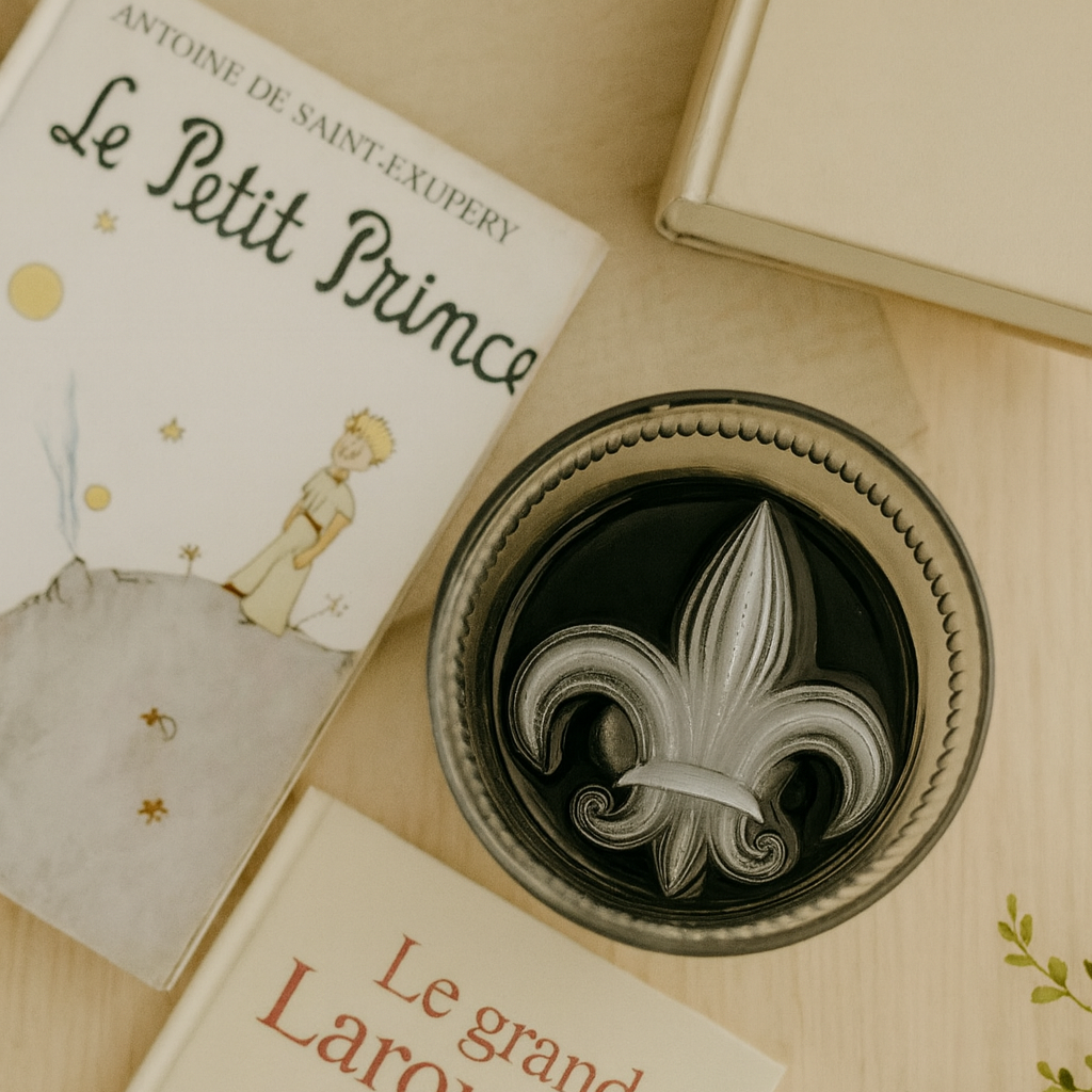 a wooden surface with a cocktail glass featuring a Fleur de Lis ice cube with books including 'Le Petit Prince' and 'Le grand Larousse pocket' 