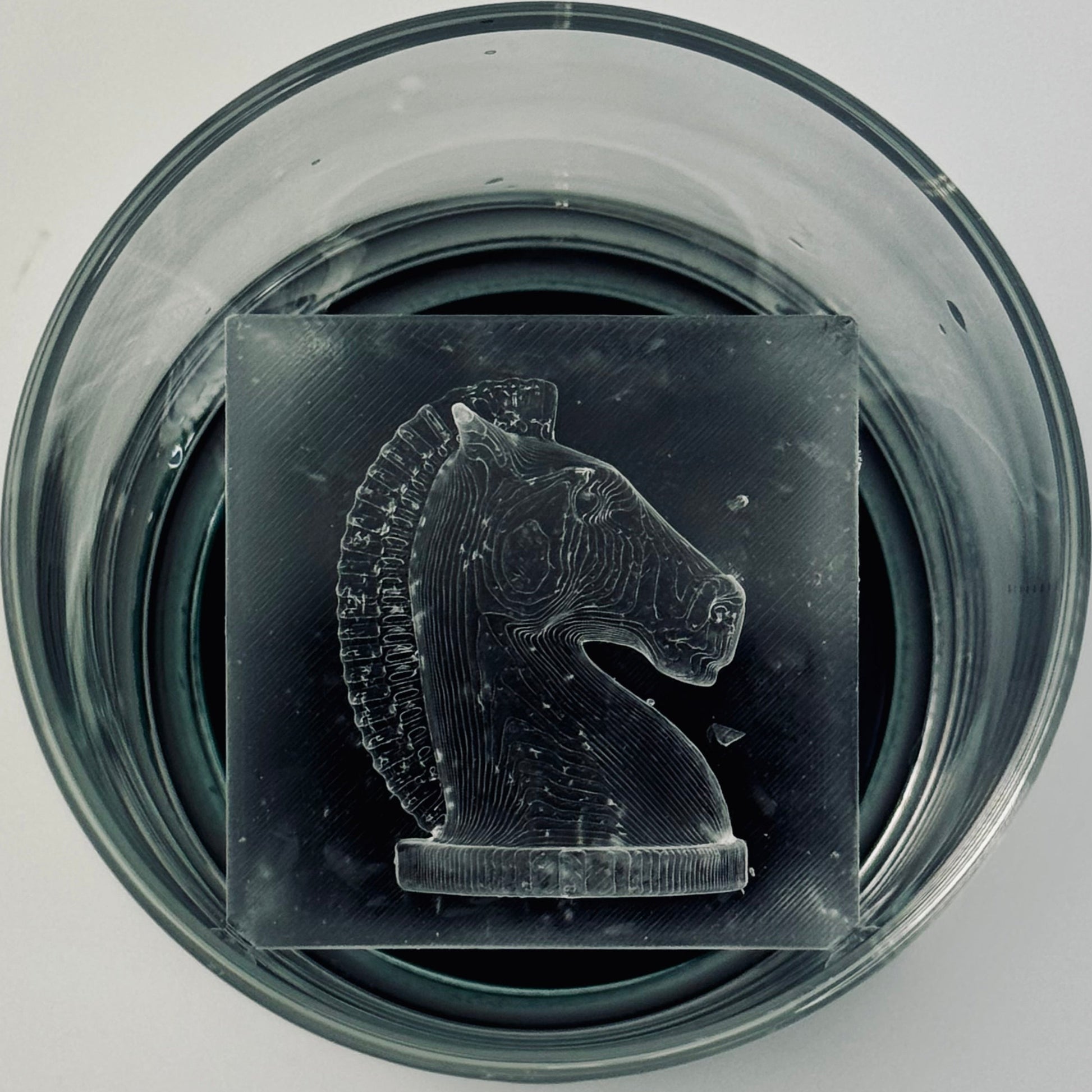 Ice Knight chess piece in a glass container on a light gray background
