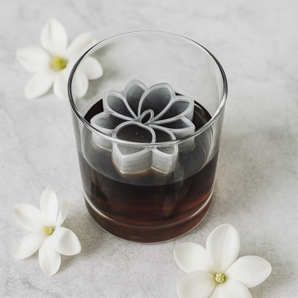 Glass of dark liquid with a magnolia flower-shaped ice cube, surrounded by white flowers on a light gray background